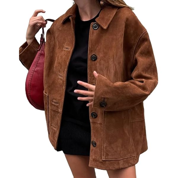 Hesaco Button Down Suede Jacket Women Y2k Streetwear Oversized