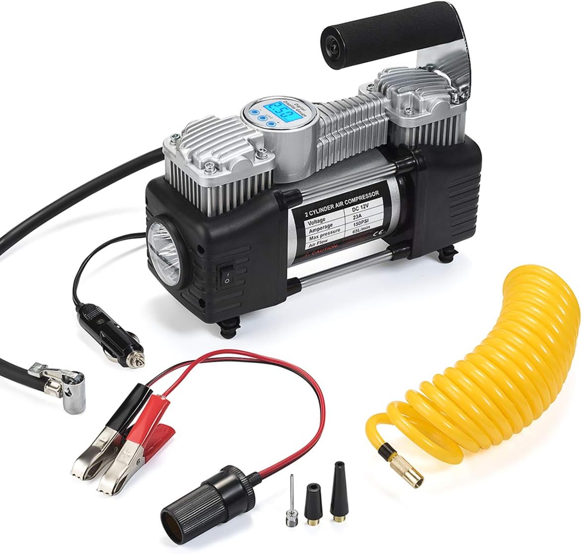 Tire Inflator, Air Compressor Pump Portable LIZESTAR 150PSI Heavy Duty Dual Cylinder Air Pump, 12V DC Inflator for Car, Large SUV, Bicycle, Dinghy, Air Bed etc and Other Inflatables