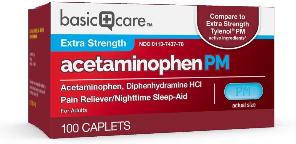 Basic Care Acetaminophen PM, Pain Reliever Plus Nighttime Sleep Aid, 100 Count: Health & Personal Care