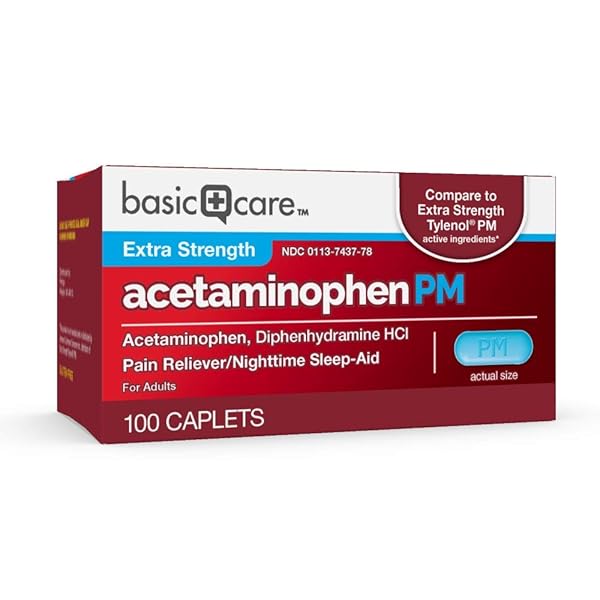 AMAZON BASIC CARE ACETAMINOPHEN PM, PAIN RELIEVER PLUS NIGHTTIME SLEEP AID CAPLET, 100 COUNT