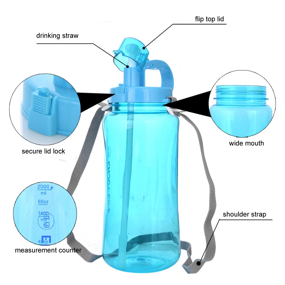 GTI 2L Large Capacity Sports Water Bottle, BPA Free 2 Liter 68 oz Wide Mouth Portable Big Plastic Bottle Leak Proof Space Cup Travel Mugs with Scale Straw Strap