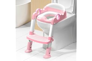 MANGOHOOD Potty Training Toilet Seat with Step Stool Ladder for Boys and Girls,Toddler Kid Children Toilet Training Seat Chair with Handles,Height Adjustable,Non-Slip Wide Step(Pink)