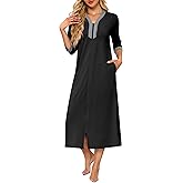 Ekouaer Women's Zipper Robe 3/4 Sleeves Housecoat Full Length Nightgown Soft Loungewear Robe with Pockets(Black, 3X-Large)