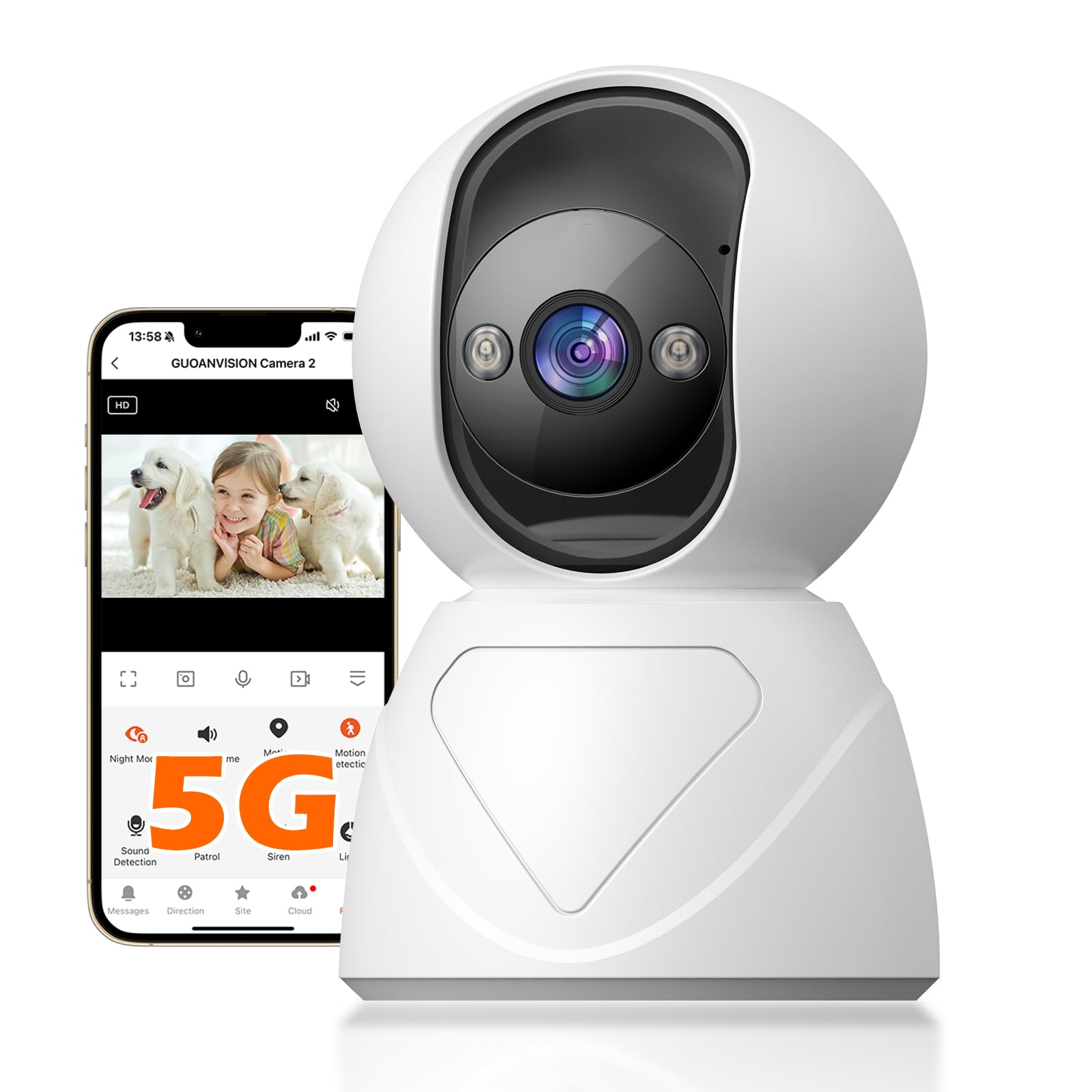 Photo 1 of GUOANVISION Indoor Pan/Tilt Security Camera, 5G WiFi Home Cameras for Baby Monitor/Pet Camera, Auto-Focus and Zoom, Motion Detection, 2-Way Audio, Siren, Color Night Vision, Cloud & SD Card Storage