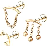 VERAMI 3Pcs 16G Cartilage Earring Stud 316L Labret Jewelry with Chain Dangle Drop Stainless Steel Lip Tragus Earring Internally Threaded Conch Studs Helix Medusa Monroe Earrings Flatback Studs for Women