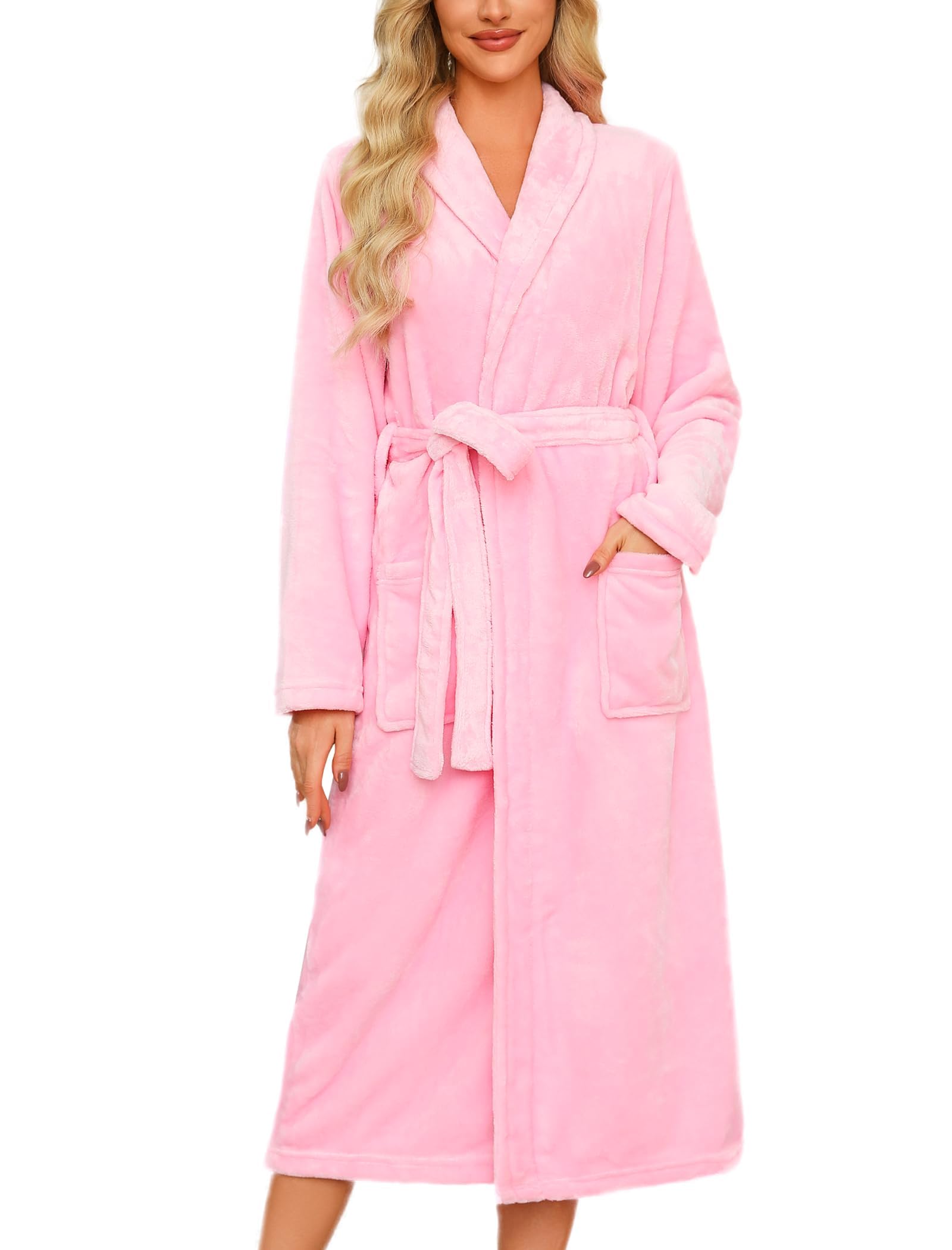 Photo 1 of ENJOYNIGHT Womens Plush Fleece Robe Long Fluffy Spa Bathrobe Soft Sleepwear (X-Large, Pink)