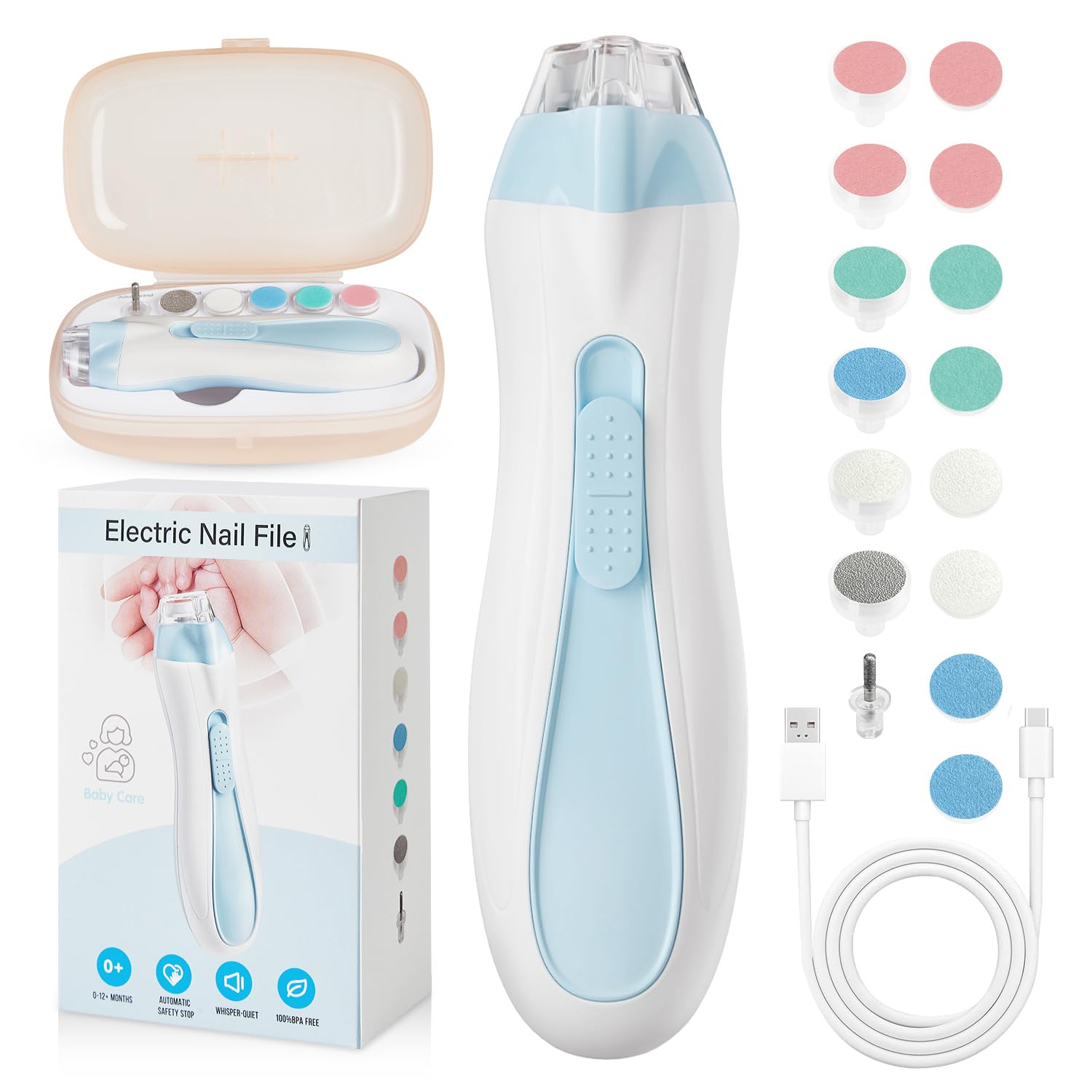 Photo 1 of Prolixity Baby Nail Trimmer Electric, 15 in 1 Baby Nail Clippers for Gentle Nail Care, Rechargeable Baby Nail File Electric with Light &15 Grinding Pads for Infant Toddler, Blue