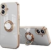 aowner for iPhone 17 Case with Ring Stand, 360° Rotatable Holder Support Magnetic Car Mount, Women Girls Bling Luxury Phone Case Plating Gold Soft TPU Slim Bumper Shockproof Cover 6.3", White