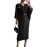 ASANDY Womens Pleated Midi Dress Casual Loose 3/4 Sleeve High Stretch V Neck Pleat Dress