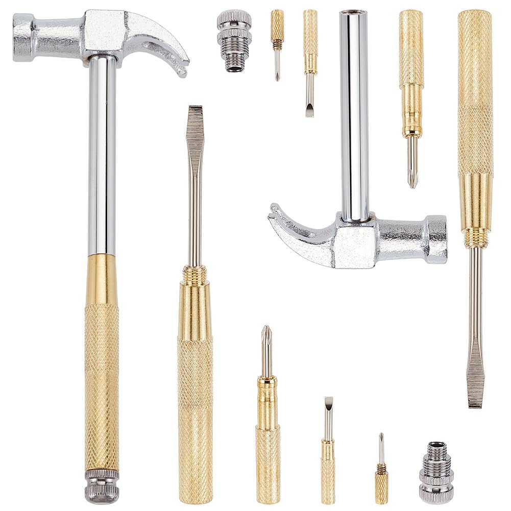 OLYCRAFT 2 Sets 6 in 1 Metal Hammer & Screwdriver Set Multifunctional Metal Mini Hammers Small Multitool Hammer with Slotted/Flat Head Phillips Screwdriver Hammers Tools for Home Repair - Silver Gold