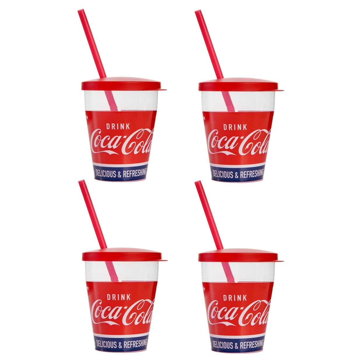 Snips, Coca-Cola Tumblers with Straw 0.385 L, Plastic Glasses Set 4 Pieces, Glasses with Straw and Lid Made in Italy 0% Bpa