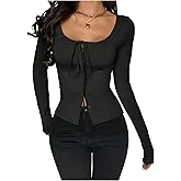 Milumia Women's Button Down Long Sleeve Shirt Scoop Neck Tie Front Going Out Fitted Tee Top