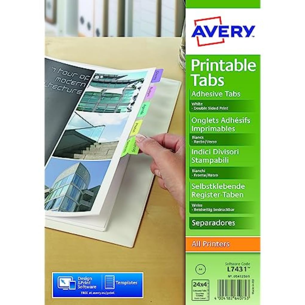 Avery 05412501 Double Sided Printable Adhesive Divider Tabs, 96 Tabs Per Pack Multicoloured