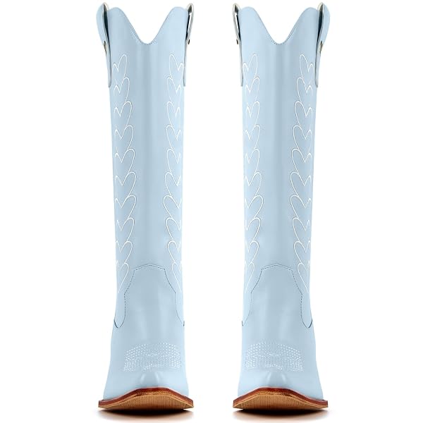 YOLKOMO COWBOY BOOTS FOR WOMEN BLUE KNEE HIGH COWGIRL BOOTS WITH HEARTS SQUARE TOE LOW BLOCK HEEL PULL-ON LEATHER DISTRESSED WESTERN HEART EMBROIDERED BLUE BOOTIES SIZE 10