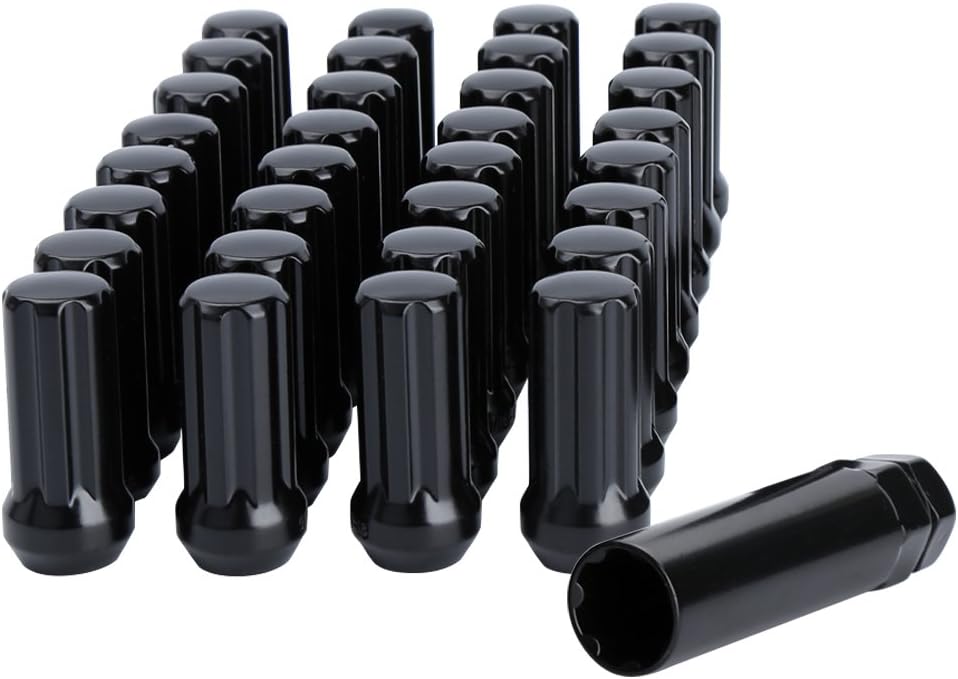 14mmx1.5 Wheel Lug Nuts, 32x Black M14x1.5 Lug Nut,Conical/Cone Bulge Seat, Dynofit Closed End Long Extended XL Spline with 1 Socket Key Fits 8 Lug Aftermarket Wheels: Industrial & Scientific
