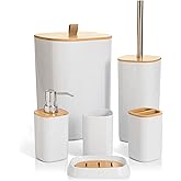 Moss &amp; Stone 6-Pcs White &amp; Bamboo Bathroom Accessories Set, Soap Dispenser | Modern Plastic Bathroom Set with Toothbrush Holder, Soap Dish, Cup &amp; Trash Can for Countertop Organization and Bathroom Decor