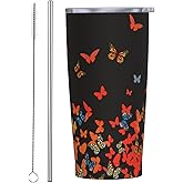 JASROTAO Colored Butterflies Tumbler,Butterflies 20oz Stainless Steel Insulated Travel Tumblers,Travel Coffee Mug with Lid and Straw Water Bottle Drink Tumbler Cups Gifts for Women Men