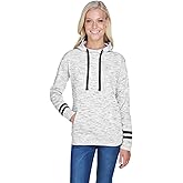 J. America 8674 Women's Melange Fleece Striped Sleeve Hooded Pullover