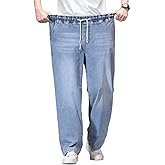 Djeanxa Plus Size Baggy Jeans for Men Stretchy Straight Loose Jett Jeans Drawstring Waist Pull On Denim Sweatpants L-5XL