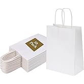 Joybe 50 Pack 5.95x3.25x8 Inch Small White Paper Bags with Handles Bulk, Kraft Paper Gift Bags for Birthday Party Favors Grocery Retail Shopping Business Goody Merchandise Craft Blank Sacks (50pcs)