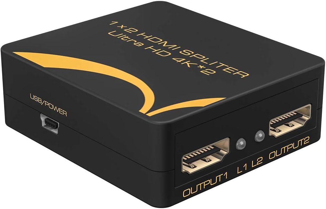 4K HDMI Splitter Mini, 1x2 HDMI Splitter Adapter 4K 30Hz 1080P 3D, Dolby Digital 2.1/5.1/7.1CH Audio, Auto EDID, Plug & Play, HDMI 1 in 2 Out Splitter Box for UHD TV, CEC, USB Power