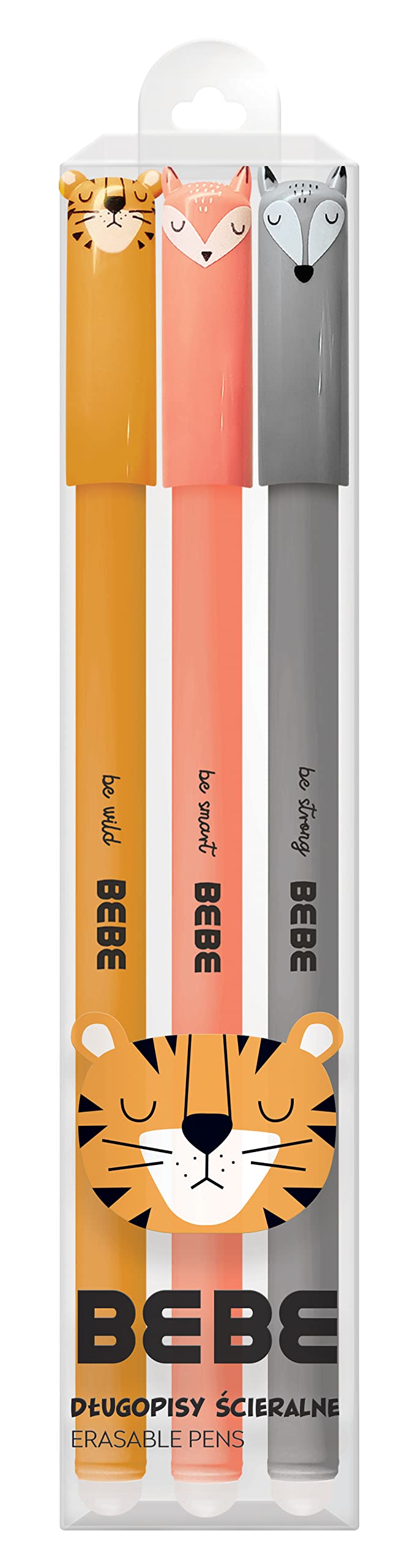 Erasable Rollerball Pen - Cute Animals Themes - with Rubber - Blue Ink - Tiger + Fox + Wolf - Set of 3