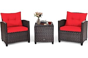 Tangkula 3 Pieces Patio Furniture Set, PE Rattan Wicker 3 Pcs Outdoor Sofa Set w/Washable Cushion and Tempered Glass Tabletop