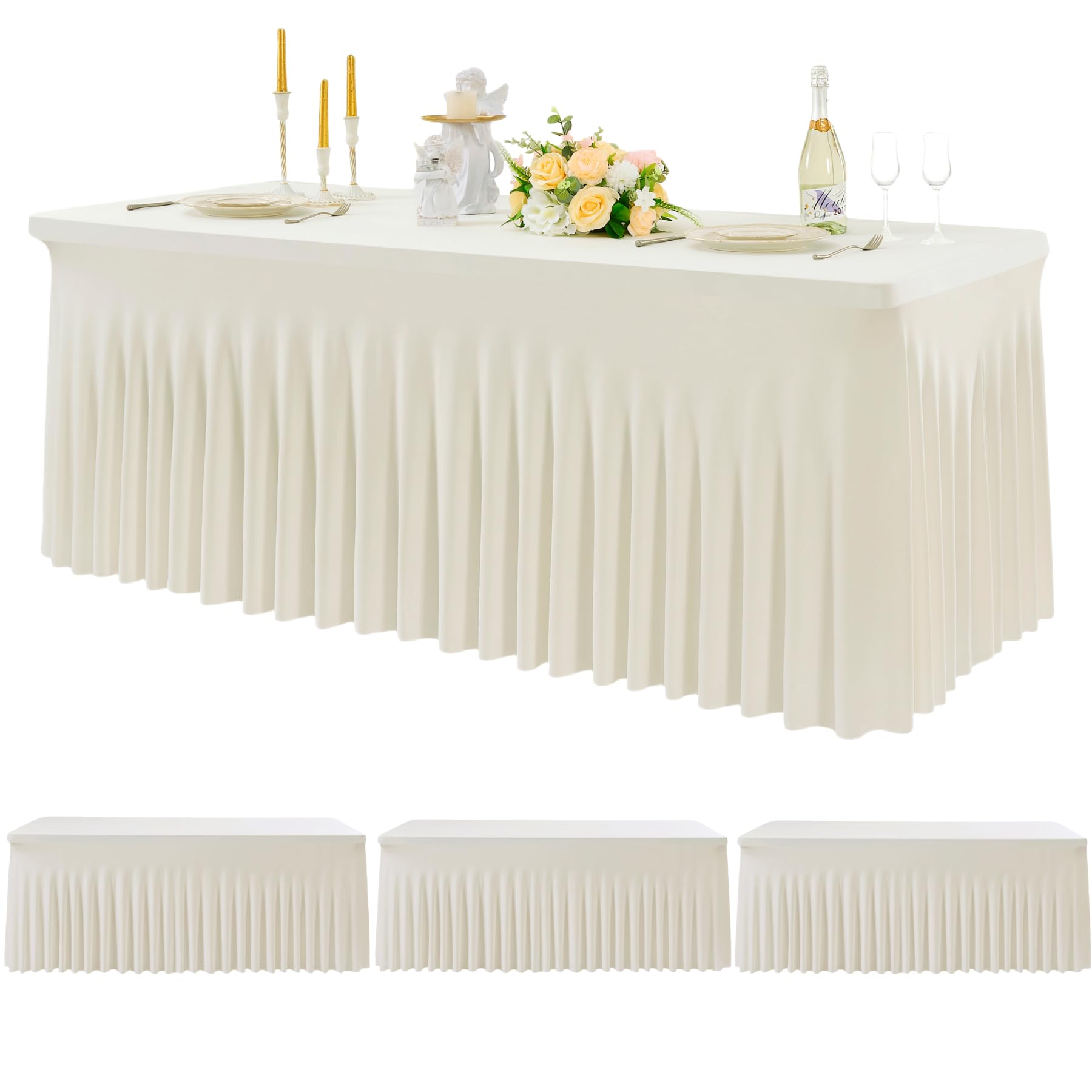 Outpain 6ft Spandex Table Cloth for Standard Folding Tables-3Pack Ivory Table Cloth Table Protector for Party, Wedding, Cocktail, Banquet, Festival