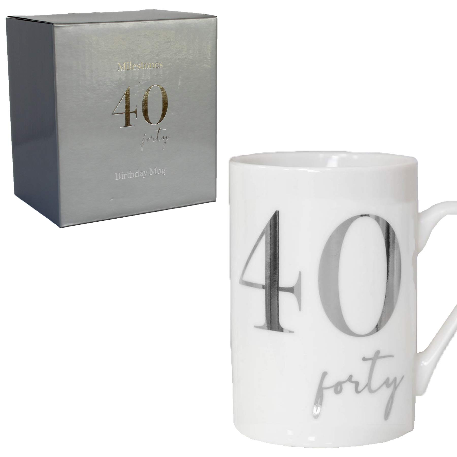 Widdle Gifts White Bone China Mug with Silver Foil Number - 40th Forty 40 Birthday