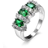 925 Sterling Silver Fashion Natural Emerald Sapphire Ring Oval Perfect Cut 3-Stone Rainbow Cubic Zirconia Rings CZ Classical Eternity Engagement Wedding Band Ring for Women (Emerald, US Code 6)