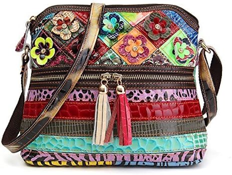 OURBAG Women's Crossbody Purse Genuine Leather Multicolor Flower Tote Shoulder Bag