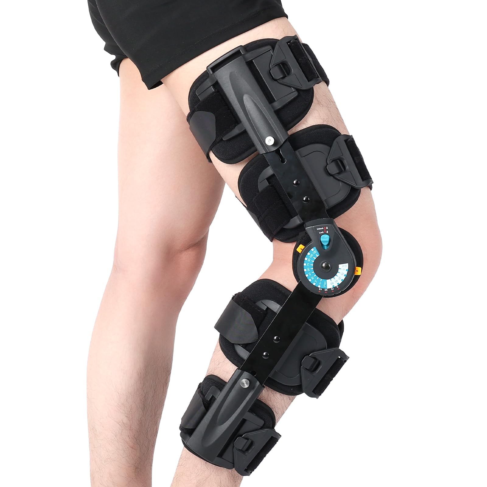 Photo 1 of Hinged ROM Knee Brace with Side Stabilizers, Adjustable Post Op Knee Support Orthosis Immobilizer for ACL, PCL and MCL Injury, Medical Knee Orthopedic Support, Leg Stabilizer for Left or Right Leg, Men and Women (Blue)