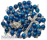 Beautiful Blue Glass Beads Rosary Catholic Necklace Holy Soil Medal & Crucifix
