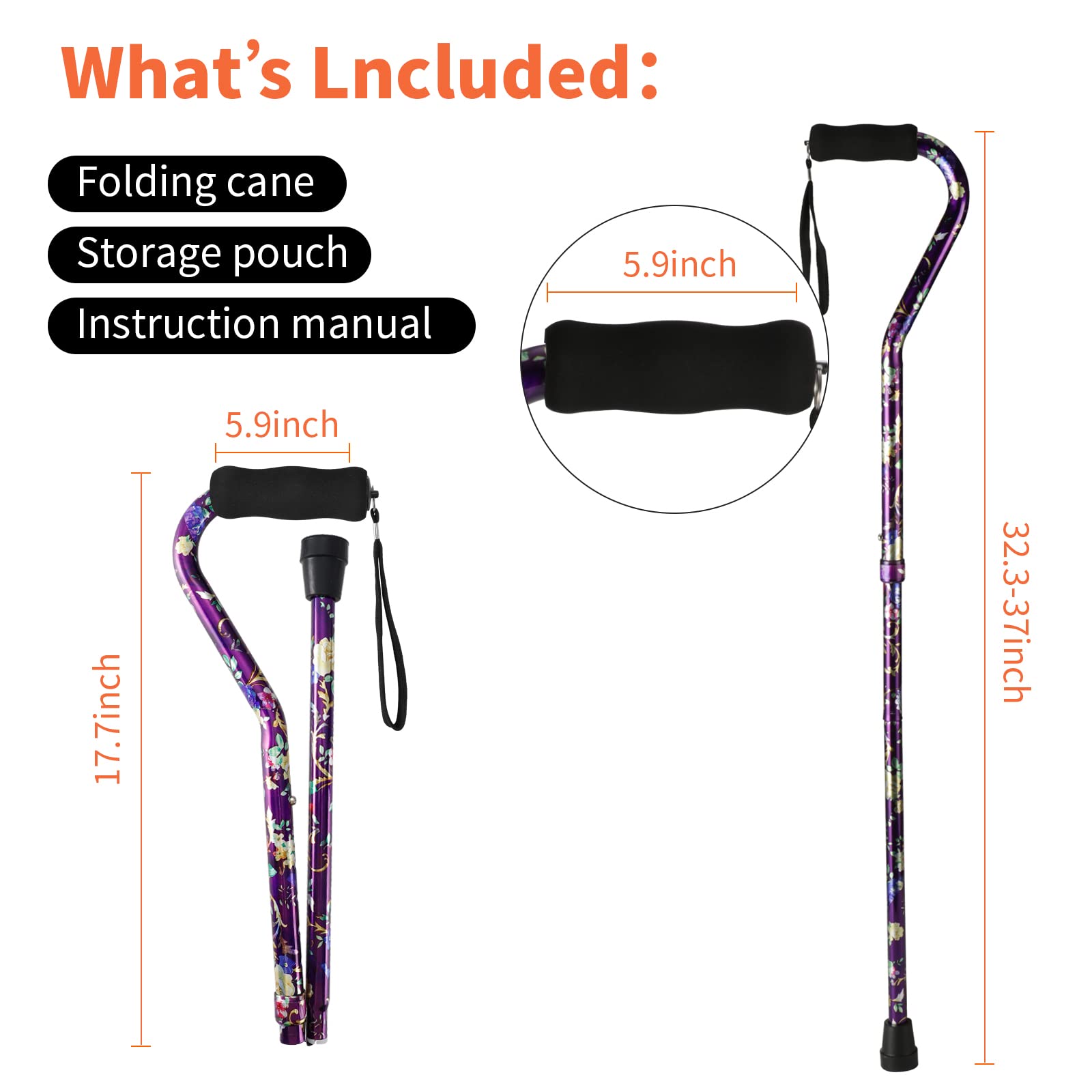 Walking Cane for Women & Men, Folding Cane Lightweight with Offset Handle, Adjustable Walking Stick for Seniors Mobility Balance, Small Base, 32-37