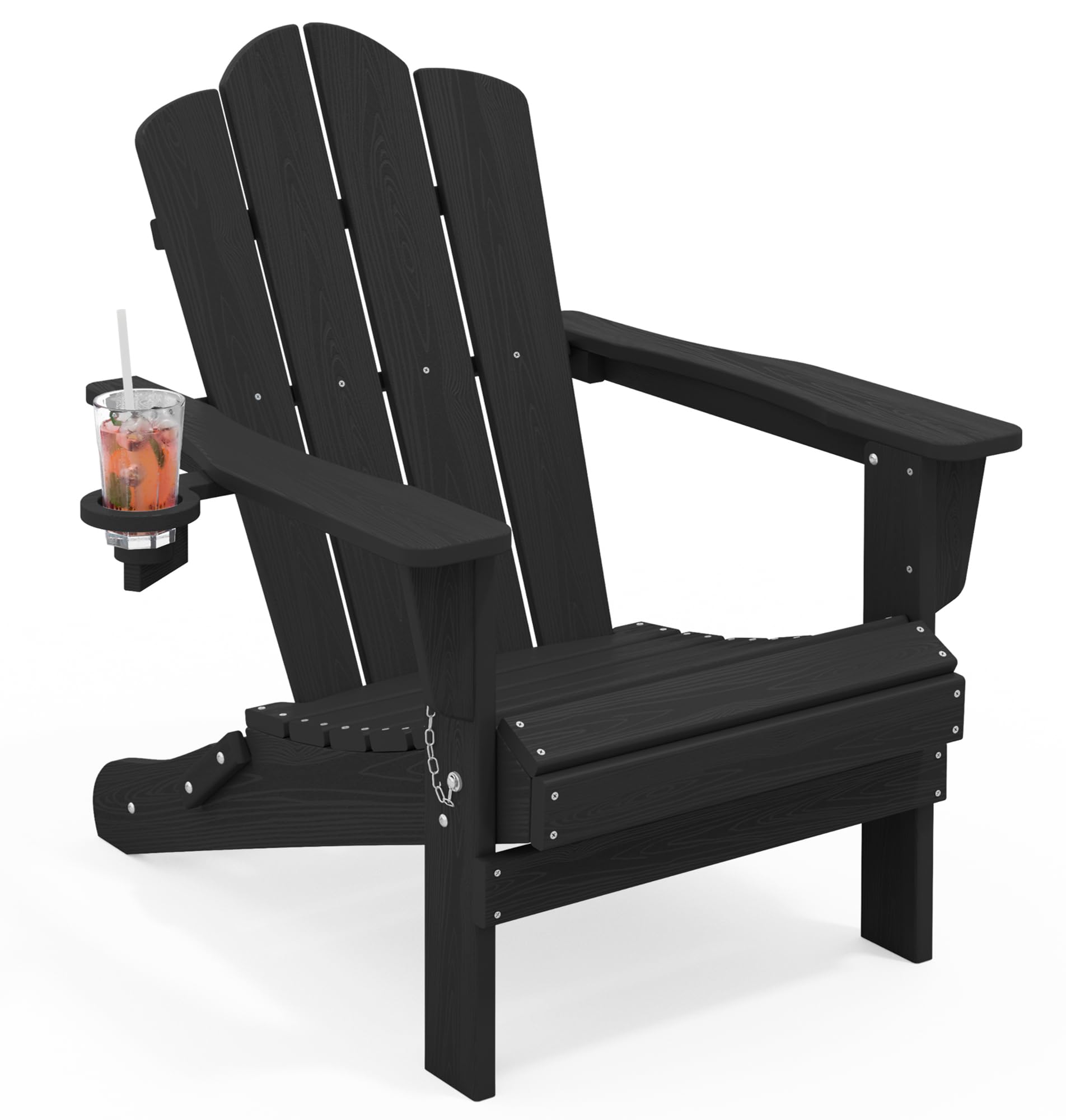 KINGYES Folding Adirondack Chair, HDPE All-Weather Patio Chairs with Cup Holder, Wooden Textured Fire Pit Chairs for Poolside, Backyard, Deck, Black Image KINGYES Folding Adirondack Chair, HDPE All-Weather Patio Chairs with Cup Holder, Wooden Textured Fire Pit Chairs for Poolside, Backyard, Deck, Black Image