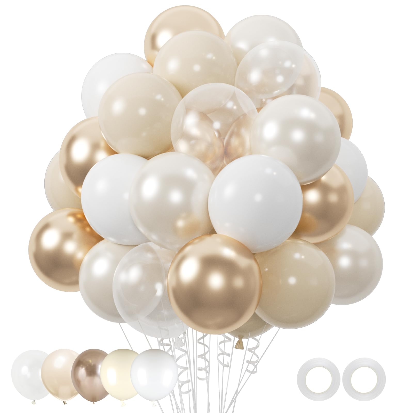 Photo 1 of 100pcs Nude White Gold Balloons, 12inch Metallic Champagne Gold Sand Pearl White Clear