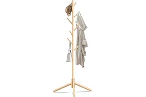 Unisakey Durable Wooden Coat Rack Stand(New Nature), Freestanding Coat Rack with Stable Triangular Base, 8 Hooks & 3 Adjustable Heights, Simple Assembly for Bedroom, Hallway, Office