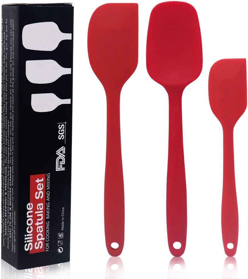 Red Silicone Spatula Set, Set of 3, Nonstick Flexible Silicone Spatula Scraper Set, One Piece Design Seamless, Dishwasher Safe for Mixing Cooking & Baking