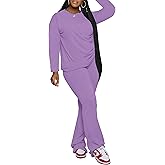 PINSV Womens 2 Piece Outfits Casual Sets Long Sleeve Top and Flare Pants Lounge Sets Tracksuit