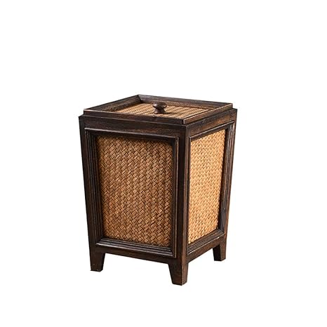 Kreativer Weinlese-hölzerner Abfalleimer, Haus mit Deckel-Rattan-Wohnzimmer-Schlafzimmer-Hotel-Mülleimer, 5L (Color : Brown)