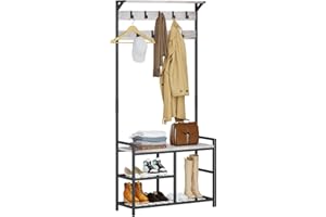 HOMEKOKO Coat Rack Shoe Bench, Hall Tree Entryway Storage Bench, Wood Look Accent Furniture with Metal Frame, 3-in-1 Design (Black & Greige)