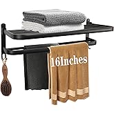 Vanloory Towel Rack for Bathroom, Bath Towel Holder with Double Towel Bar and Foldable Towel Shelf, Rustproof Towel Organizer Wall Mounted Towel Storage Hanger for Bath/Balcony/Lavatory(16In Black)