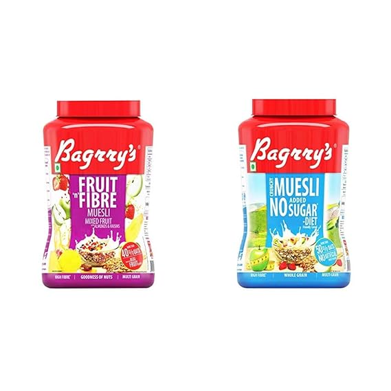 Bagrrys Fruit N Fibre Muesli, Mixed Fruit, 1000g + Bagrrys No Added Sugar Crunchy Muesli Jar,