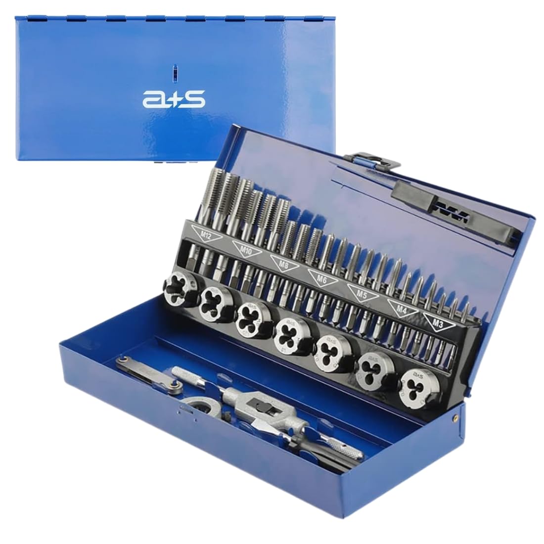 A&S Albrecht & Schulte 32 Piece Tap and Die Set Metric M3-M12 Tool Steel Hand Tap + Tap Die + Adjustable Tap Wrench + Screwdriver + Thread Template