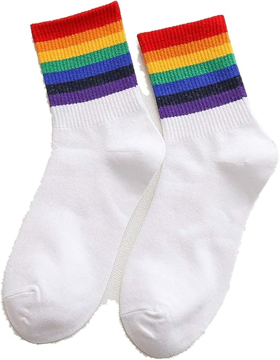 Amazon Co Jp レインボーストライプかわいい韓国ストリート女性ソックス暖かいおかしいキャンディホワイト黒ショート冬のコットンネオンソックス 白ビッグ ワンサイズ 服 ファッション小物