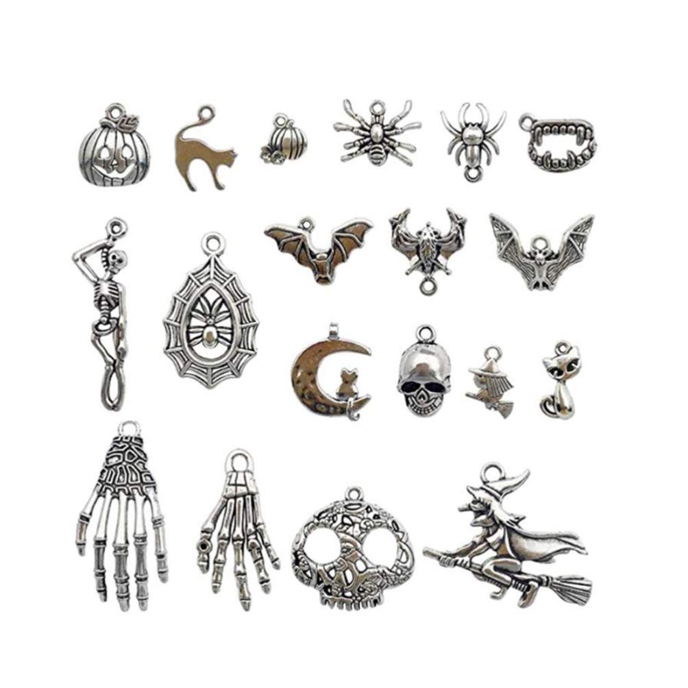 Amosfun 50pcs Antique Silver Halloween Charms Jewelry Making Charms Pendants for DIY Jewelry Making Accessory Halloween Party Favors Gifts Supplies