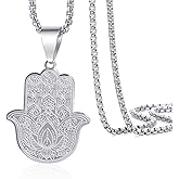 Vintage Stainless Steel Hamsa Hand Pendant Necklace - Good Luck Amulet Protection Talisman Jewelry Gifts for Men & Women