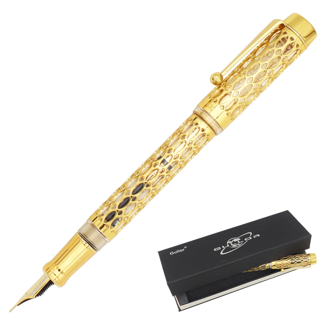 Gullor Openwork Gold Fountain Pen with Gift Box, Screw Cap, Transparent Barrel, Extra Fine Nib