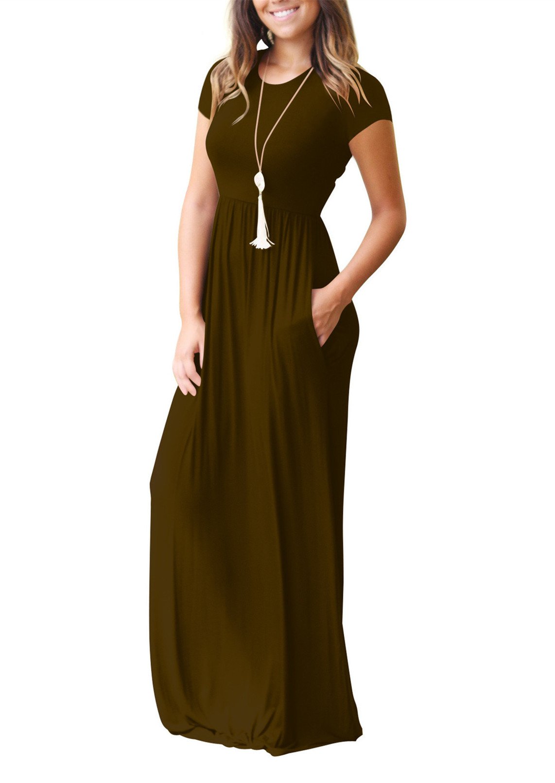 Women's Casual Plain Loose Swing Pocket Long Dress Short Sleeve Maxi