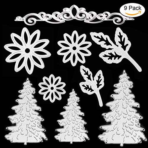 Kabi 9pcs Metal Cutting Dies with Flowers Leaves Pine Trees Crown Lace Stencil Set, Embossing Die Cuts for DIY Scrapbook Album Craft Decorations Card Making (Silver)